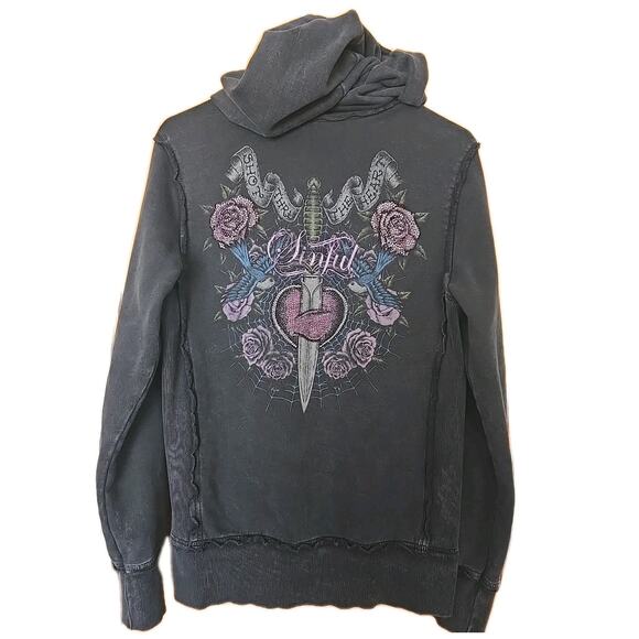 Vintage Sinful Affliction "Shot Thru The Heart" Hoodie Bling Large Y2K Full Zip - Picture 1 of 10